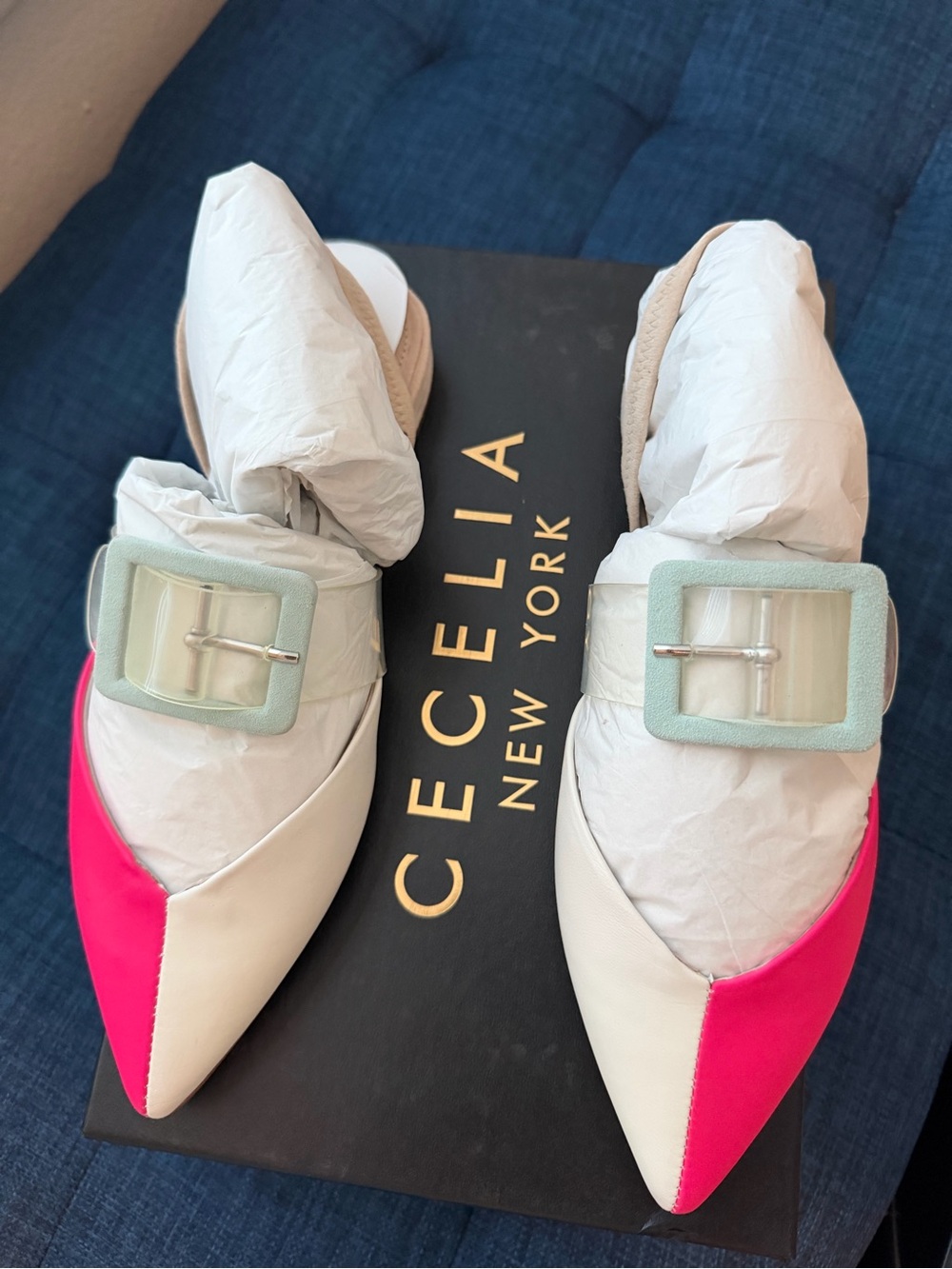CECELIA NEW YORK White & Hot Pink Pointed Buckle Mules